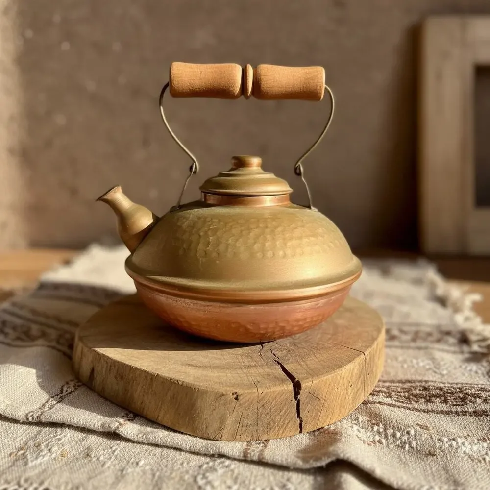 Vintage Hammered Copper Brass Kettle Teapot-Chile-Wood Handle-Rustic-Farmhouse